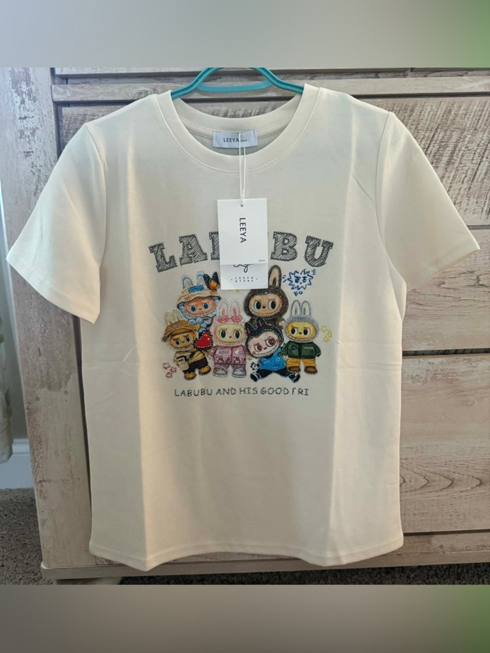 Cream Short-Sleeve Tee with Labubu Character Graphic